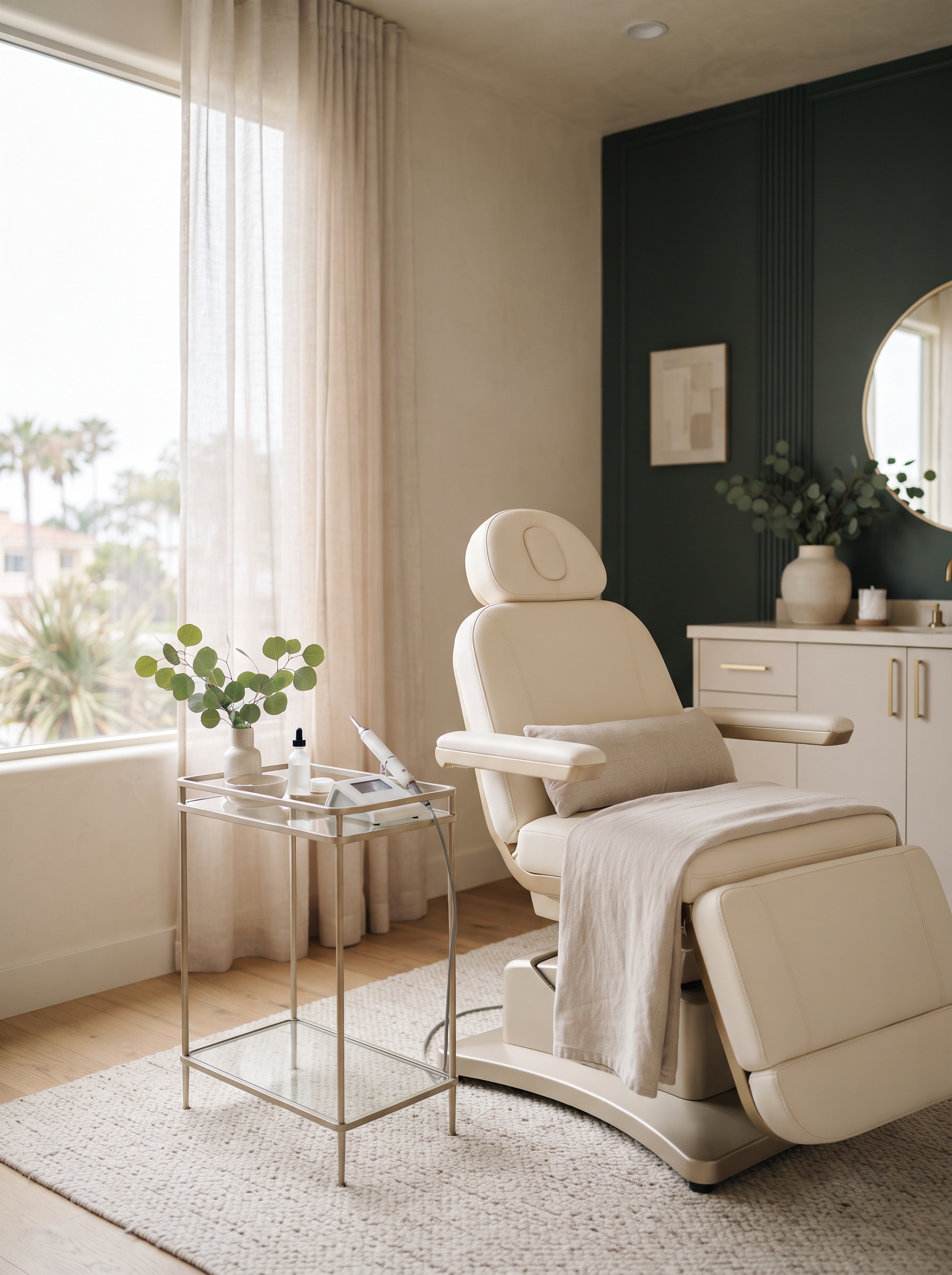 A calm, sunlit treatment room at Prompt & Glow Med Spa in San Diego.
